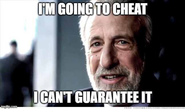 I Guarantee It Meme | I'M GOING TO CHEAT; I CAN'T GUARANTEE IT | image tagged in memes,i guarantee it | made w/ Imgflip meme maker