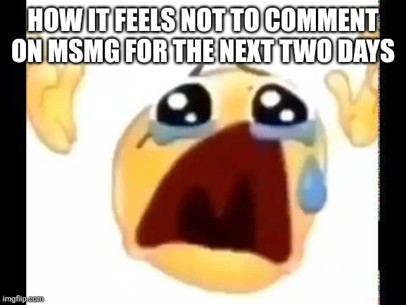 D: | HOW IT FEELS NOT TO COMMENT ON MSMG FOR THE NEXT TWO DAYS | image tagged in cursed crying emoji | made w/ Imgflip meme maker