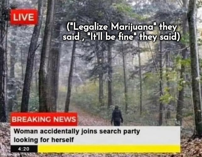 But , did they ever find her ? | ("Legalize Marijuana" they said , "It'll be fine" they said) | image tagged in lost in the woods,well yes but actually no,first world stoner problems,wandering aimlessly,the colors | made w/ Imgflip meme maker