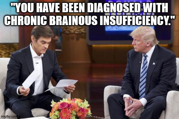 The Evil Idiot and the Red Hats Who Love Him. | "YOU HAVE BEEN DIAGNOSED WITH
CHRONIC BRAINOUS INSUFFICIENCY." | image tagged in idiot trump,felon trump,idiot magats | made w/ Imgflip meme maker