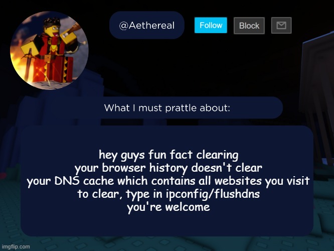 aethereal's forsaken template | hey guys fun fact clearing your browser history doesn't clear your DNS cache which contains all websites you visit
to clear, type in ipconfig/flushdns
you're welcome | image tagged in aethereal's forsaken template | made w/ Imgflip meme maker