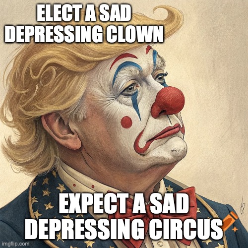 Trump sad clown | ELECT A SAD DEPRESSING CLOWN; EXPECT A SAD DEPRESSING CIRCUS | image tagged in trump,clown,maga,gop,republicans,right wing | made w/ Imgflip meme maker