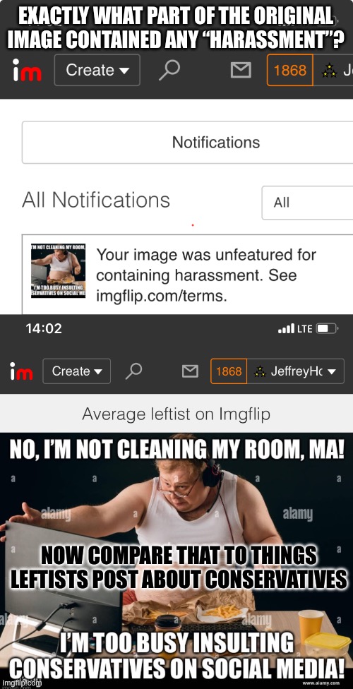 EXACTLY WHAT PART OF THE ORIGINAL IMAGE CONTAINED ANY “HARASSMENT”? NOW COMPARE THAT TO THINGS LEFTISTS POST ABOUT CONSERVATIVES | made w/ Imgflip meme maker