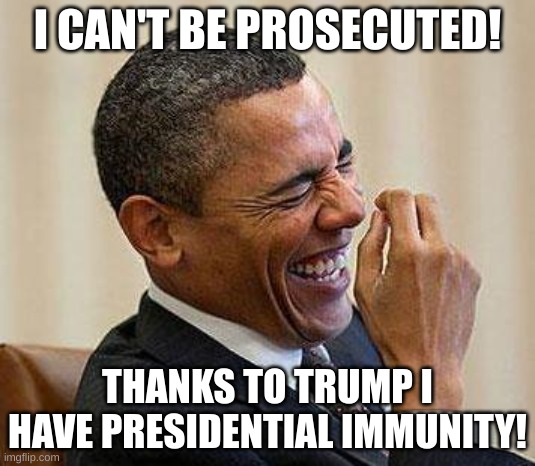 ...equal application of the law. | I CAN'T BE PROSECUTED! THANKS TO TRUMP I HAVE PRESIDENTIAL IMMUNITY! | image tagged in obama laughing | made w/ Imgflip meme maker