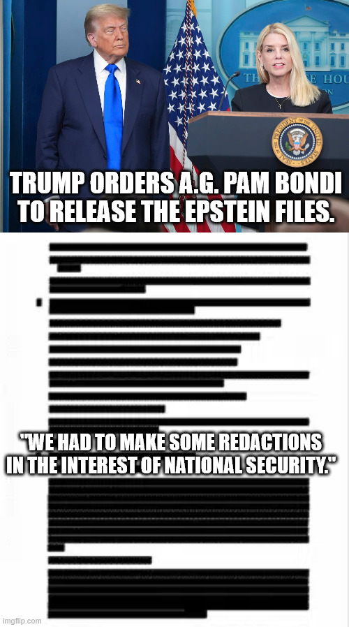 "You know how I kept calling for their release--over & over again? Never mind. It's a hoax. You can trust me." | TRUMP ORDERS A.G. PAM BONDI TO RELEASE THE EPSTEIN FILES. "WE HAD TO MAKE SOME REDACTIONS IN THE INTEREST OF NATIONAL SECURITY." | image tagged in trump adding to his felony list,maga p-file enablers | made w/ Imgflip meme maker
