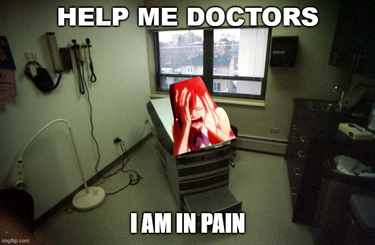 erza at the doctor's office | HELP ME DOCTORS; I AM IN PAIN | image tagged in doctor office,fairy tail,animeme,erza in pain,funny memes,anime meme | made w/ Imgflip meme maker