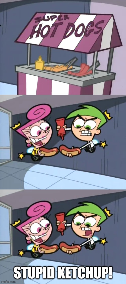 I Need Mustard and Cheese On Mine Too | STUPID KETCHUP! | image tagged in the fairly oddparents,cosmo,wanda,hotdog,memes | made w/ Imgflip meme maker