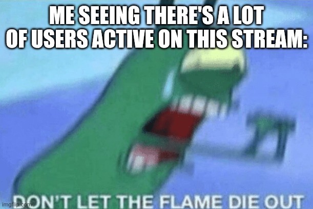 DON’T LET THE FLAME DIE OUT | ME SEEING THERE'S A LOT OF USERS ACTIVE ON THIS STREAM: | image tagged in don t let the flame die out | made w/ Imgflip meme maker