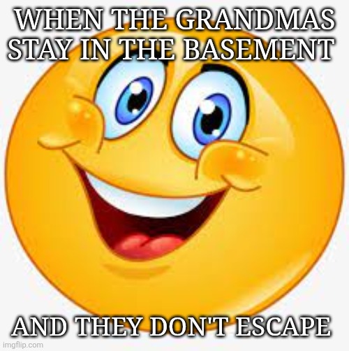 I'm filled with glee | WHEN THE GRANDMAS STAY IN THE BASEMENT; AND THEY DON'T ESCAPE | image tagged in s m i l e emoji | made w/ Imgflip meme maker