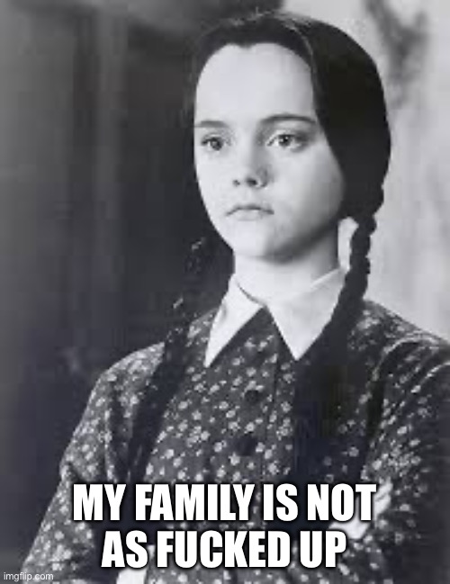 Wednesday Addams | MY FAMILY IS NOT
AS FUCKED UP | image tagged in wednesday addams | made w/ Imgflip meme maker
