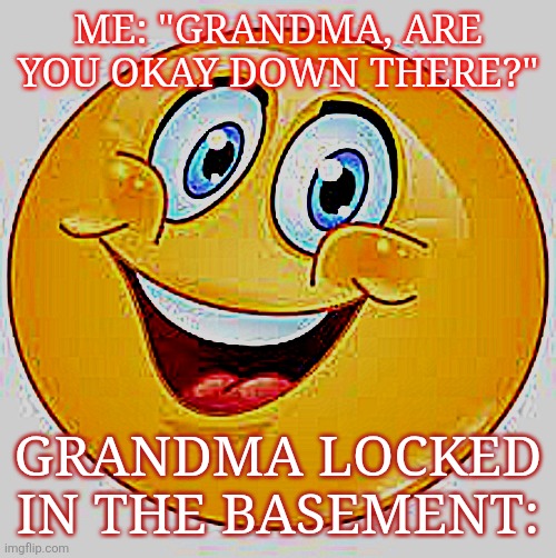 S M I L E emoji | ME: "GRANDMA, ARE YOU OKAY DOWN THERE?"; GRANDMA LOCKED IN THE BASEMENT: | image tagged in s m i l e emoji | made w/ Imgflip meme maker