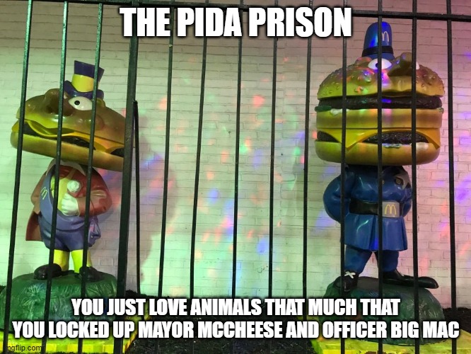PIDA Prison | THE PIDA PRISON; YOU JUST LOVE ANIMALS THAT MUCH THAT YOU LOCKED UP MAYOR MCCHEESE AND OFFICER BIG MAC | image tagged in mcdonalds | made w/ Imgflip meme maker