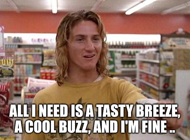 Spicoli | ALL I NEED IS A TASTY BREEZE, A COOL BUZZ, AND I'M FINE .. | image tagged in spicoli | made w/ Imgflip meme maker
