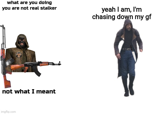 this is what happens when you don't know the slang of the Zone | what are you doing
you are not real stalker; yeah I am, I'm chasing down my gf; not what I meant | image tagged in call of pripyat,cop,stalker series | made w/ Imgflip meme maker