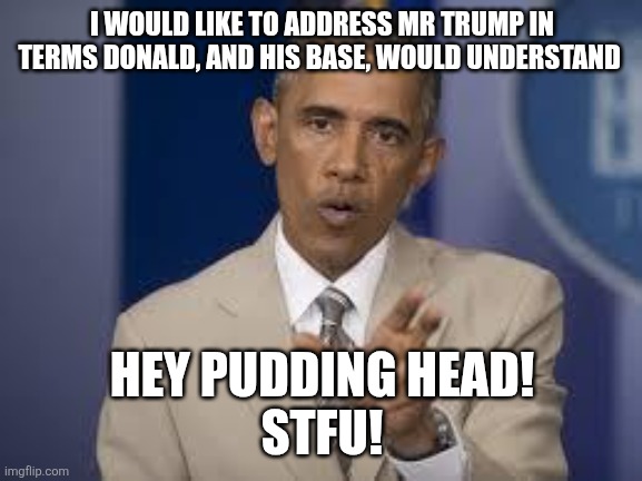 obama tan suit | I WOULD LIKE TO ADDRESS MR TRUMP IN TERMS DONALD, AND HIS BASE, WOULD UNDERSTAND HEY PUDDING HEAD!
STFU! | image tagged in obama tan suit | made w/ Imgflip meme maker