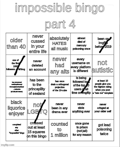 impossible bingo part 4 | image tagged in impossible bingo part 4 | made w/ Imgflip meme maker
