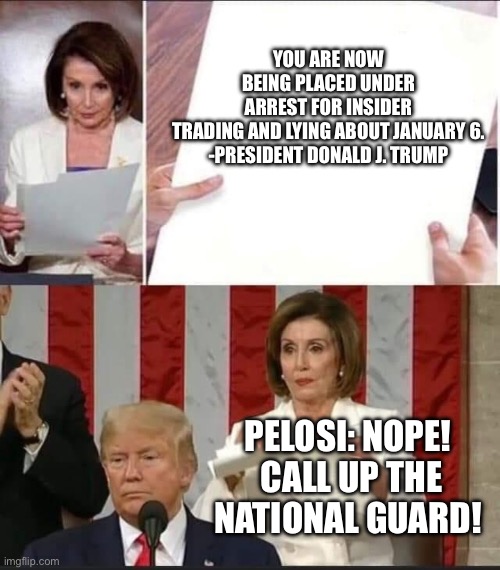 Why Nancy Pelosi should be arrested | YOU ARE NOW BEING PLACED UNDER ARREST FOR INSIDER TRADING AND LYING ABOUT JANUARY 6.

-PRESIDENT DONALD J. TRUMP; PELOSI: NOPE!  CALL UP THE NATIONAL GUARD! | image tagged in nancy pelosi tears speech,nancy pelosi,donald trump,karen,tearing up speech,lol | made w/ Imgflip meme maker