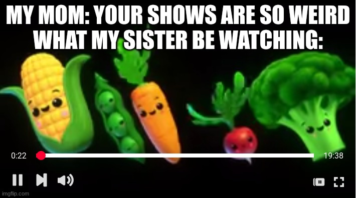 she watchin that crap on yt kids | MY MOM: YOUR SHOWS ARE SO WEIRD
WHAT MY SISTER BE WATCHING: | image tagged in vegetables | made w/ Imgflip meme maker