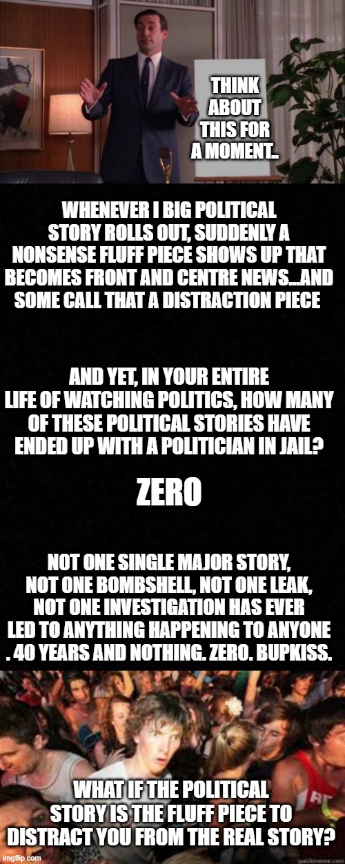 "hey look at this story about this politician! ooh i bet he'll be in serious trouble this time!!" *jingles keys* | THINK ABOUT THIS FOR A MOMENT.. WHENEVER I BIG POLITICAL STORY ROLLS OUT, SUDDENLY A NONSENSE FLUFF PIECE SHOWS UP THAT BECOMES FRONT AND CENTRE NEWS...AND SOME CALL THAT A DISTRACTION PIECE; AND YET, IN YOUR ENTIRE LIFE OF WATCHING POLITICS, HOW MANY OF THESE POLITICAL STORIES HAVE ENDED UP WITH A POLITICIAN IN JAIL? ZERO; NOT ONE SINGLE MAJOR STORY, NOT ONE BOMBSHELL, NOT ONE LEAK, NOT ONE INVESTIGATION HAS EVER LED TO ANYTHING HAPPENING TO ANYONE . 40 YEARS AND NOTHING. ZERO. BUPKISS. WHAT IF THE POLITICAL STORY IS THE FLUFF PIECE TO DISTRACT YOU FROM THE REAL STORY? | image tagged in hear me out,blank,suddenly realized | made w/ Imgflip meme maker