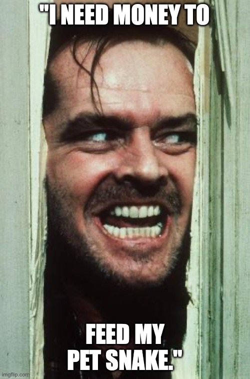 Here's Johnny | "I NEED MONEY TO; FEED MY PET SNAKE." | image tagged in memes,here's johnny | made w/ Imgflip meme maker