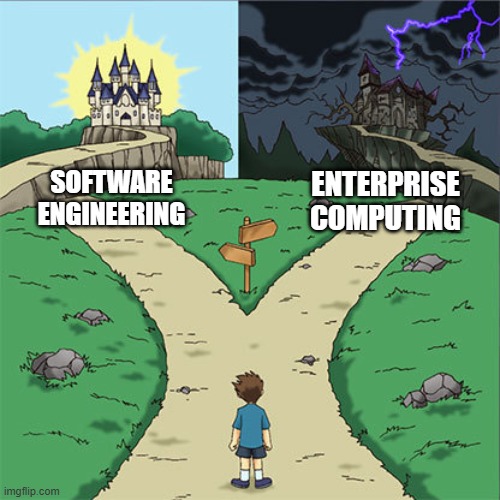 The two types of computing | SOFTWARE ENGINEERING; ENTERPRISE COMPUTING | image tagged in coding,two paths | made w/ Imgflip meme maker