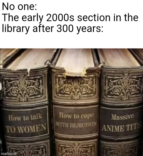 peak | No one:
The early 2000s section in the library after 300 years: | made w/ Imgflip meme maker