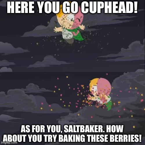 MintBerry is protecting you w/ Mint | HERE YOU GO CUPHEAD! AS FOR YOU, SALTBAKER. HOW ABOUT YOU TRY BAKING THESE BERRIES! | image tagged in mintberry is protecting you w/ mint | made w/ Imgflip meme maker