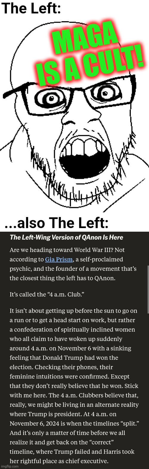 weapons-grade stupidity | The Left:; MAGA IS A CULT! ...also The Left: | image tagged in angry agressive soyjak | made w/ Imgflip meme maker