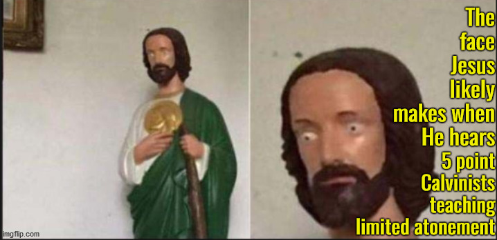 The Face He Likely Makes | The face Jesus likely makes when He hears; 5 point Calvinists teaching limited atonement | image tagged in wide eyed jesus,the face you make,calvinism,arminian,molinism,reformed theology 5 point calvinists | made w/ Imgflip meme maker