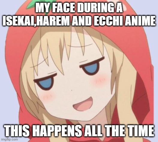 most relatable | MY FACE DURING A ISEKAI,HAREM AND ECCHI ANIME; THIS HAPPENS ALL THE TIME | image tagged in anime welp face | made w/ Imgflip meme maker