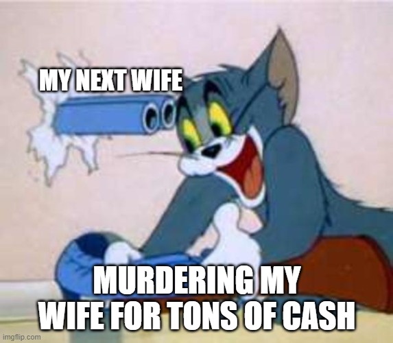 This is why men can't be black widows | MY NEXT WIFE; MURDERING MY WIFE FOR TONS OF CASH | image tagged in tom the cat shooting himself | made w/ Imgflip meme maker