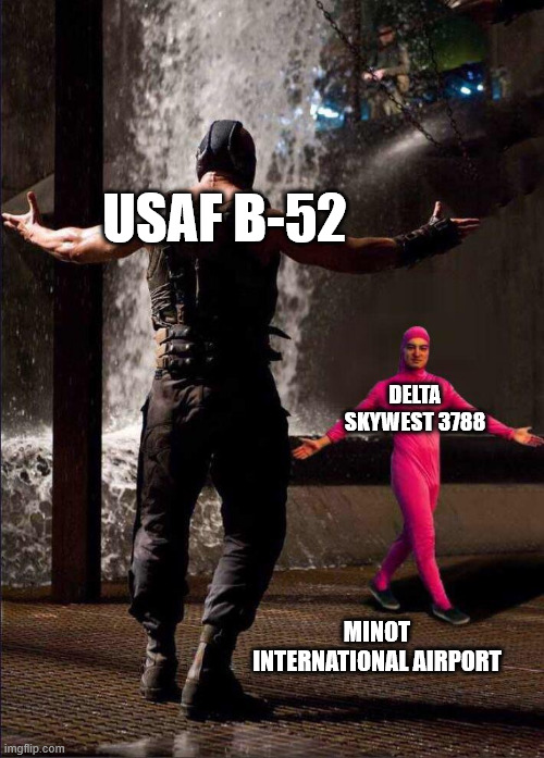 Air Chicken | USAF B-52; DELTA SKYWEST 3788; MINOT INTERNATIONAL AIRPORT | image tagged in pink guy vs bane,usafvsskywest,b52vscivplane | made w/ Imgflip meme maker