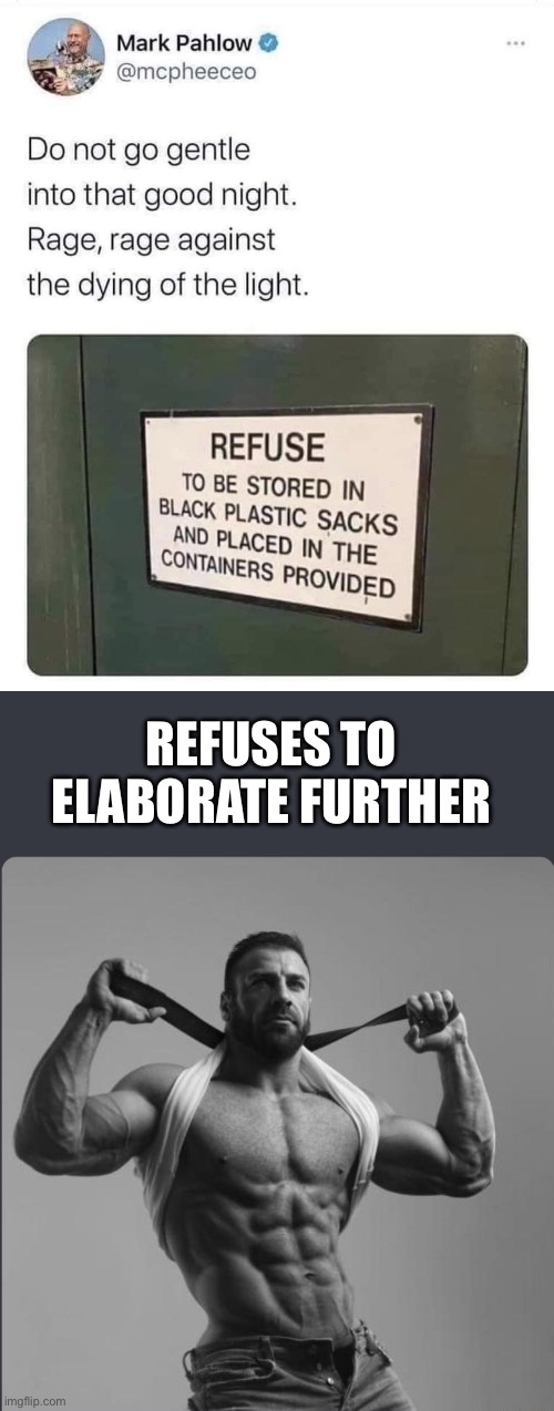 Dylan Thomas vs signwriter | REFUSES TO ELABORATE FURTHER | image tagged in refuses to elaborate any further,thomas,good night,refuse,gently | made w/ Imgflip meme maker