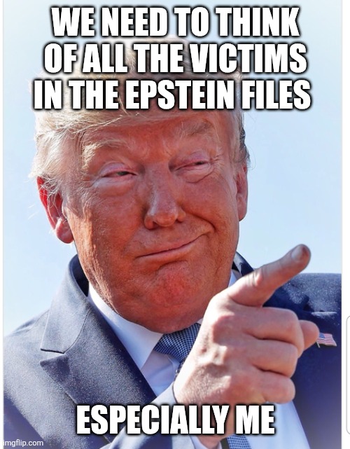 Trump pointing | WE NEED TO THINK OF ALL THE VICTIMS IN THE EPSTEIN FILES ESPECIALLY ME | image tagged in trump pointing | made w/ Imgflip meme maker
