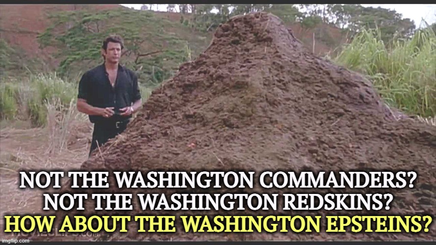 Trump will say and do anything to change this subject. | NOT THE WASHINGTON COMMANDERS?
NOT THE WASHINGTON REDSKINS? HOW ABOUT THE WASHINGTON EPSTEINS? | image tagged in that is one big pile of shit,trump,deflection,change,subject,jeffrey epstein | made w/ Imgflip meme maker