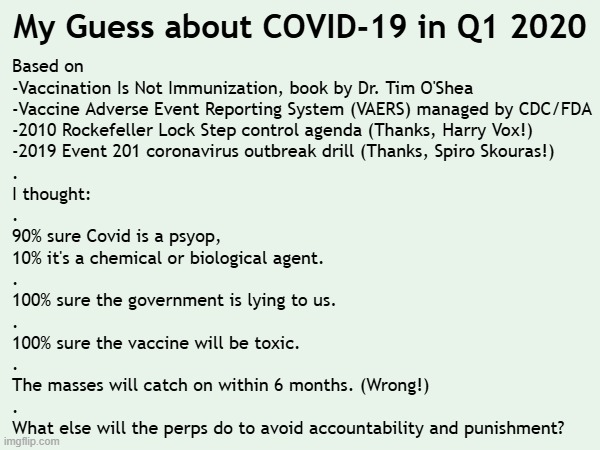 My Guess about COVID-19 in Q1 2020--boy, was I wrong! | My Guess about COVID-19 in Q1 2020; Based on
-Vaccination Is Not Immunization, book by Dr. Tim O'Shea
-Vaccine Adverse Event Reporting System (VAERS) managed by CDC/FDA
-2010 Rockefeller Lock Step control agenda (Thanks, Harry Vox!)
-2019 Event 201 coronavirus outbreak drill (Thanks, Spiro Skouras!)
.
I thought:
.
90% sure Covid is a psyop,
10% it's a chemical or biological agent.
.
100% sure the government is lying to us.
.
100% sure the vaccine will be toxic.
.
The masses will catch on within 6 months. (Wrong!)
.
What else will the perps do to avoid accountability and punishment? | image tagged in vaccines,vaccine,covid vaccine,covid-19,pandemic,bill gates loves vaccines | made w/ Imgflip meme maker