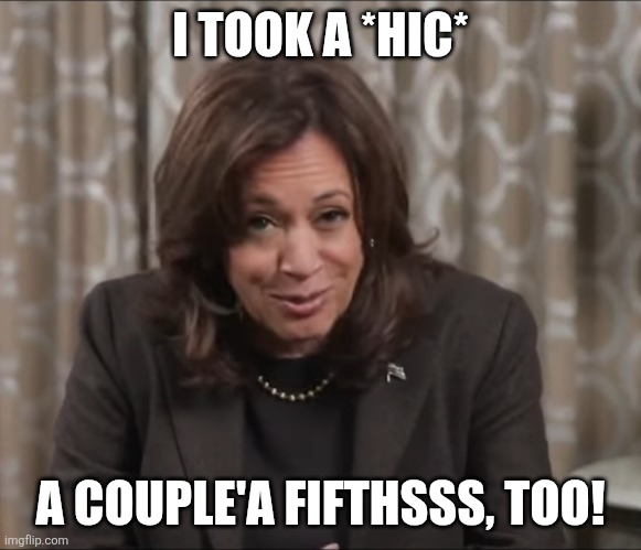 Drunk Kamala Harris | I TOOK A *HIC* A COUPLE'A FIFTHSSS, TOO! | image tagged in drunk kamala harris | made w/ Imgflip meme maker