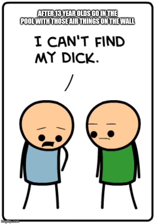 I can't find my dick | AFTER 13 YEAR OLDS GO IN THE POOL WITH THOSE AIR THINGS ON THE WALL | image tagged in i can't find my dick | made w/ Imgflip meme maker