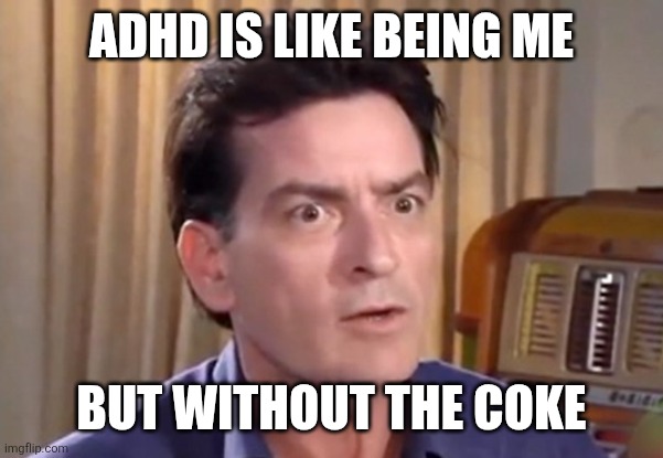 Charlie Sheen Winning | ADHD IS LIKE BEING ME; BUT WITHOUT THE COKE | image tagged in charlie sheen winning | made w/ Imgflip meme maker