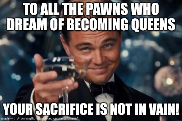 Leonardo Dicaprio Cheers | TO ALL THE PAWNS WHO DREAM OF BECOMING QUEENS; YOUR SACRIFICE IS NOT IN VAIN! | image tagged in memes,leonardo dicaprio cheers | made w/ Imgflip meme maker