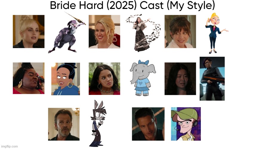 Bride Hard (2025) Cast (My Style) | image tagged in bride hard 2025 cast my style,meme,memes,spoof cast,bride hard,characters | made w/ Imgflip meme maker