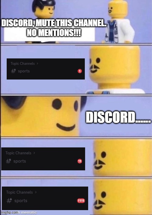 Discord hates u | DISCORD, MUTE THIS CHANNEL.
NO MENTIONS!!! DISCORD...... | image tagged in lego doctor higher quality | made w/ Imgflip meme maker