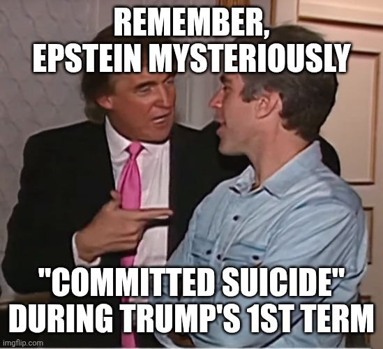 He'll do anything to have you forget it and have the problem go away. | REMEMBER, EPSTEIN MYSTERIOUSLY; "COMMITTED SUICIDE"
DURING TRUMP'S 1ST TERM | image tagged in trump epstein party,donald trump,jeffrey epstein,pedophile,maga | made w/ Imgflip meme maker