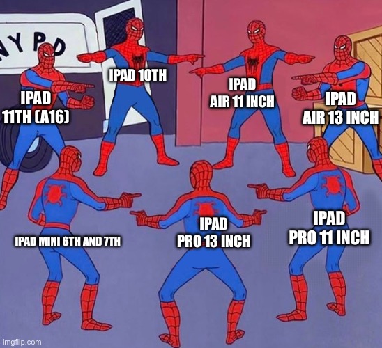 iPads | IPAD AIR 11 INCH; IPAD 10TH; IPAD AIR 13 INCH; IPAD 11TH (A16); IPAD PRO 11 INCH; IPAD PRO 13 INCH; IPAD MINI 6TH AND 7TH | image tagged in same spider man 7 | made w/ Imgflip meme maker