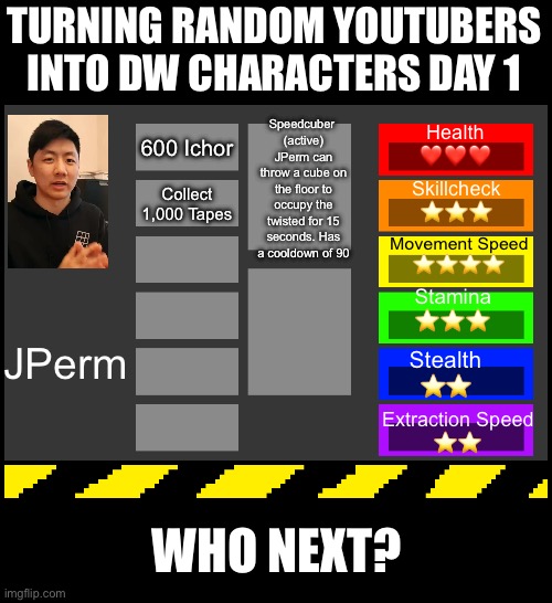 Tell me in the comments! | TURNING RANDOM YOUTUBERS INTO DW CHARACTERS DAY 1; Speedcuber 
(active)
JPerm can throw a cube on the floor to occupy the twisted for 15 seconds. Has a cooldown of 90; Health
❤️❤️❤️; 600 Ichor; Skillcheck
⭐️⭐️⭐️; Collect 1,000 Tapes; Movement Speed
⭐️⭐️⭐️⭐️; Stamina
⭐️⭐️⭐️; JPerm; Stealth
⭐️⭐️; Extraction Speed
⭐️⭐️; WHO NEXT? | image tagged in dandy's world oc creator | made w/ Imgflip meme maker
