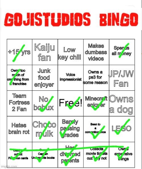 1 bimngo :) | image tagged in gojistudios bingo card | made w/ Imgflip meme maker