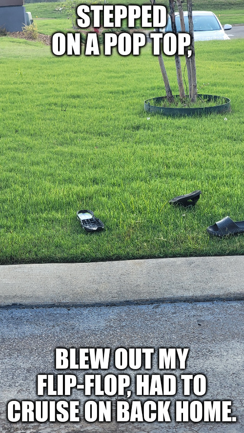BLEW out flip flop | STEPPED ON A POP TOP, BLEW OUT MY FLIP-FLOP, HAD TO CRUISE ON BACK HOME. | image tagged in flip,flop,blew,out,pop,top | made w/ Imgflip meme maker