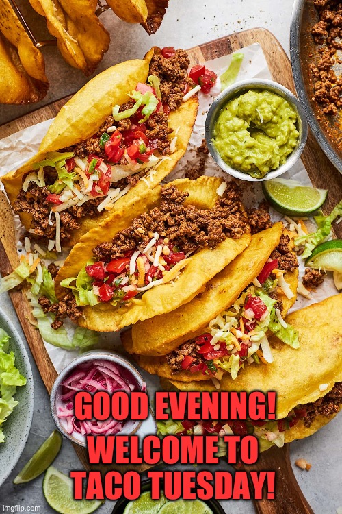 Taco | WELCOME TO TACO TUESDAY! GOOD EVENING! | image tagged in taco | made w/ Imgflip meme maker
