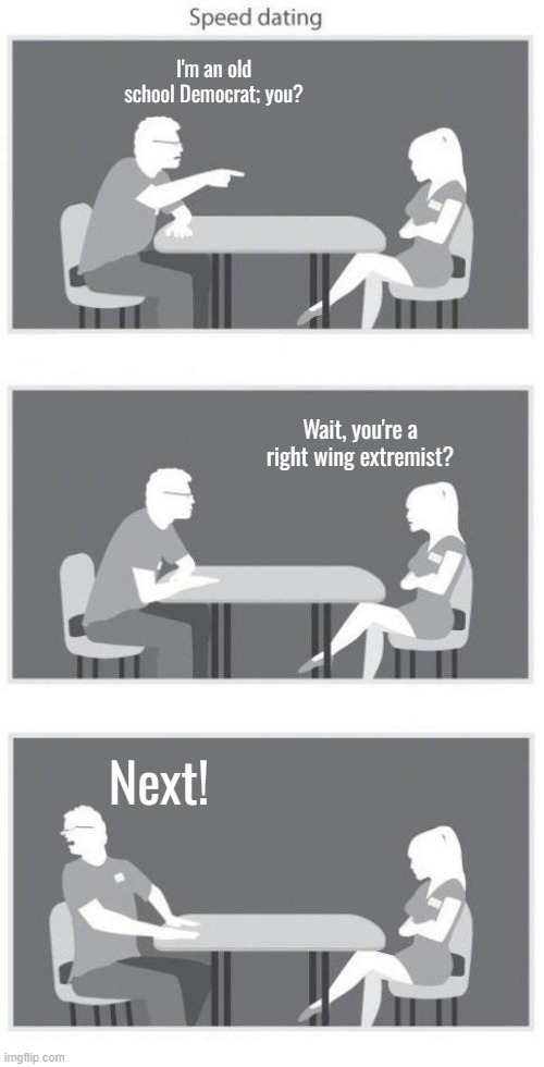 Speed dating | I'm an old school Democrat; you? Wait, you're a right wing extremist? Next! | image tagged in speed dating | made w/ Imgflip meme maker
