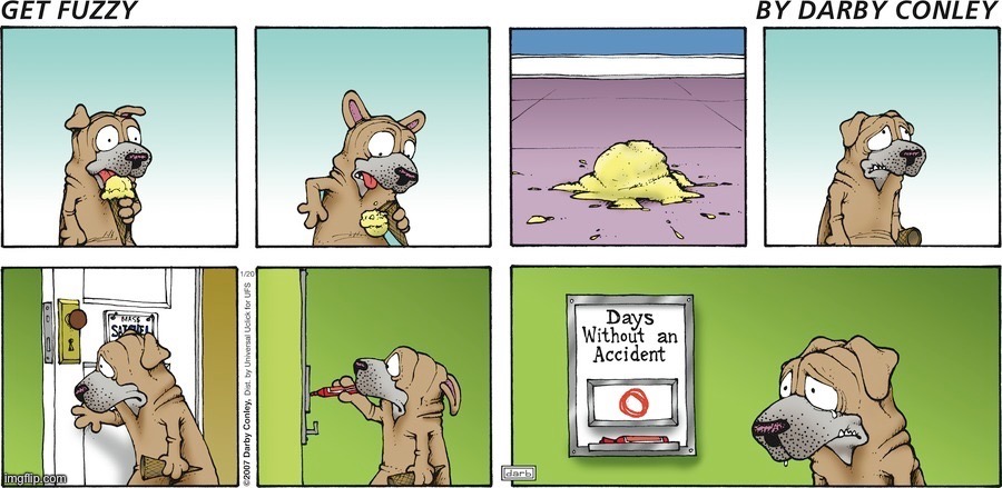 image tagged in comics,get fuzzy,accident,dog,ice cream,oh no | made w/ Imgflip meme maker